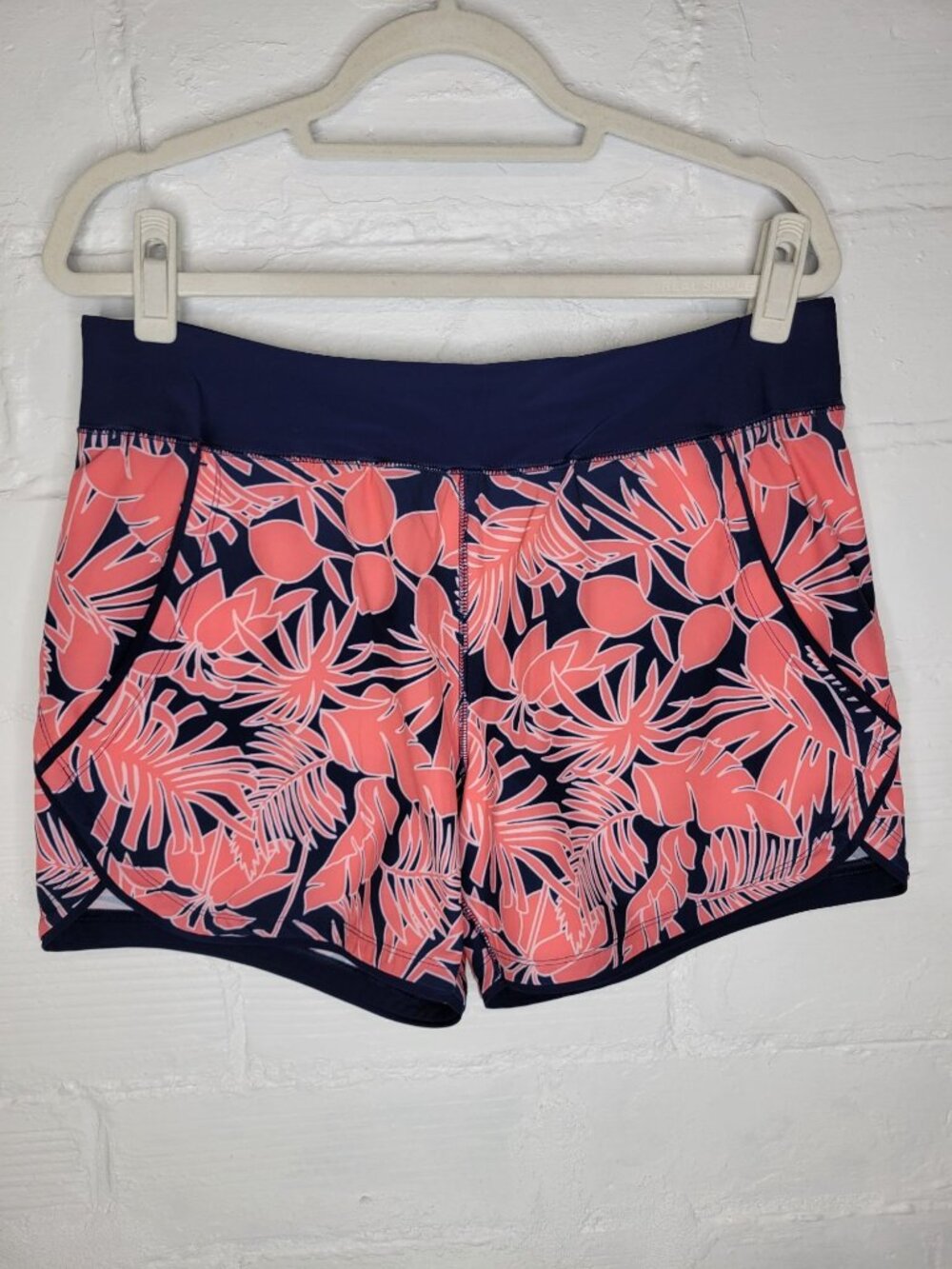 Lands' End Women's Size 12P Swim Shorts Pink Blue Leaf Print